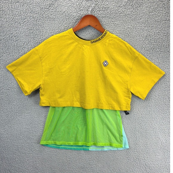 Savage X Fenty Tops - Savage X Fenty Cropped T-Shirt Womens S Yellow Mesh Layered Streetwear Casual